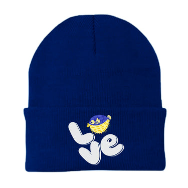 Love Fishing Blue Blowfish Globe Embroidered Beanie